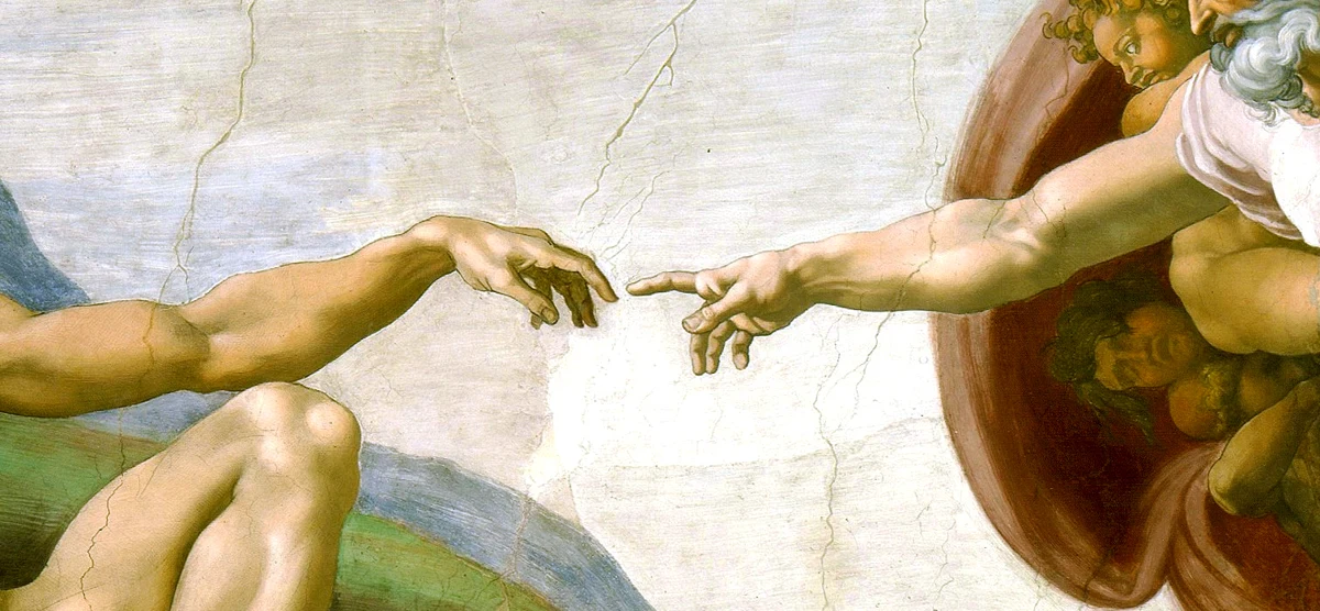 Two hands reaching toward one another, a detail from Michelangelo’s The Creation of Adam.