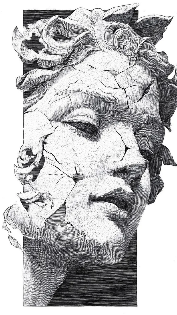 Engraving-style portrait of a cracked classical marble head, drawn with fine hatching over a black panel.